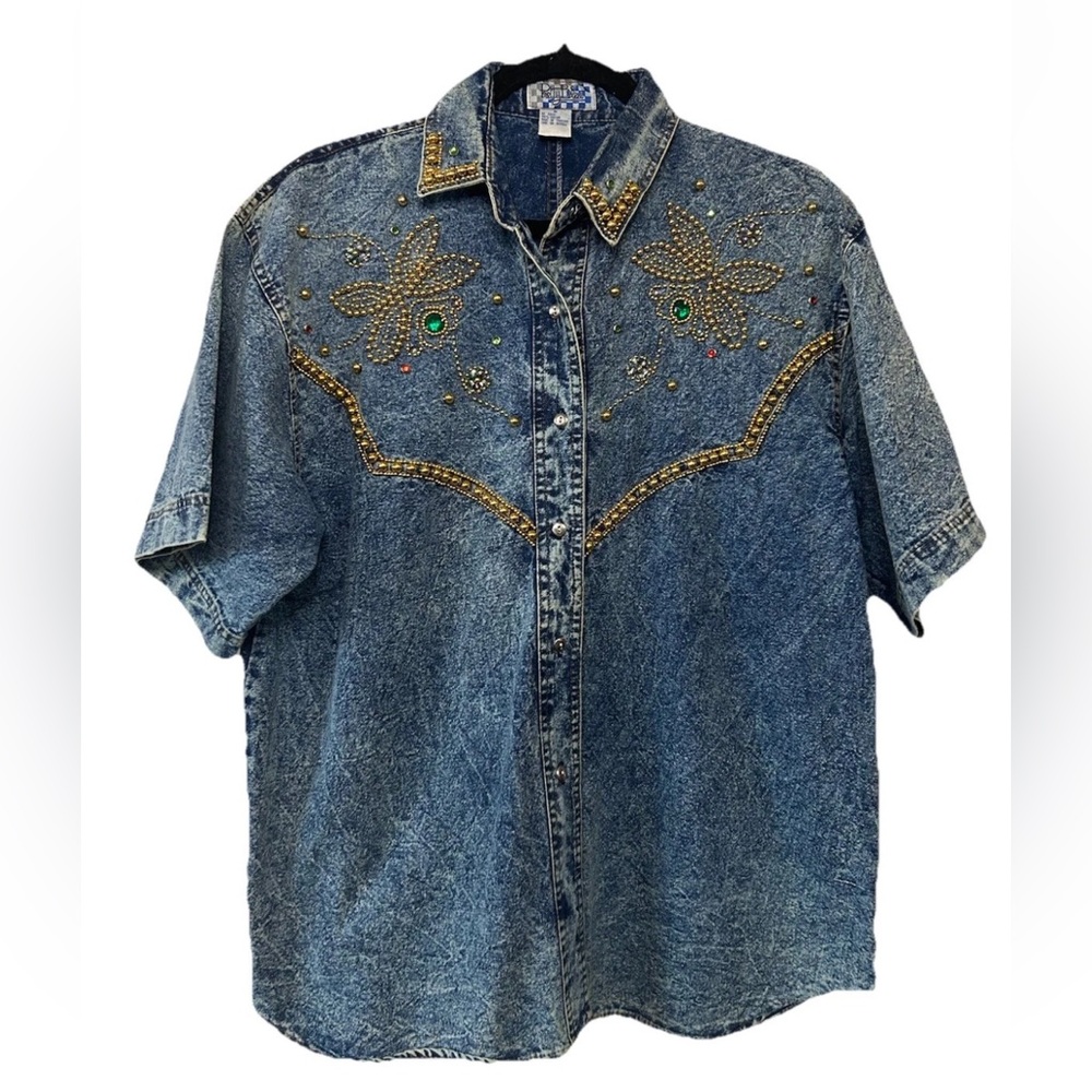 VTG 80’s Short Sleeve Acid Wash Denim Beaded & Embellished Button Up Shirt M - Picture 8 of 11